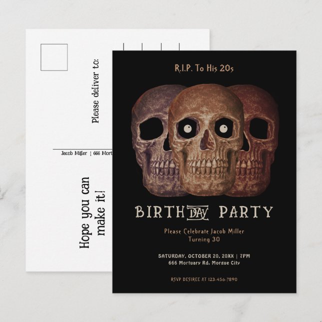 Skull Funny Brown Gothic Birthday RIP To His 20s Invitation Postcard (Front/Back)