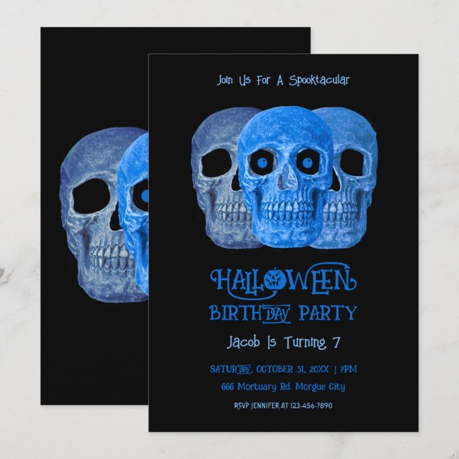 Skull Funny Gothic Blue Black Halloween Birthday Invitation (Front/Back)