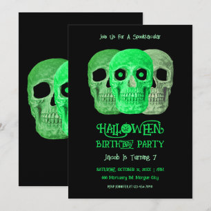 Skull Funny Gothic Green Black Halloween Birthday Invitation