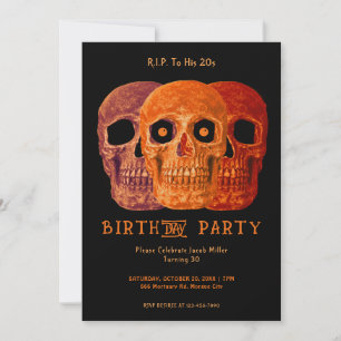 Skull Funny Orange Gothic Birthday RIP To His 20s Invitation