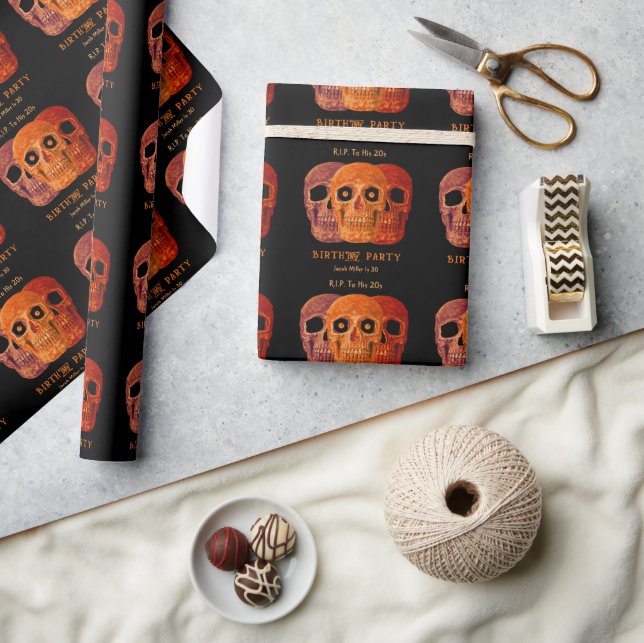 Skull Funny Orange Gothic Birthday RIP To His 20s Wrapping Paper (Crafts)