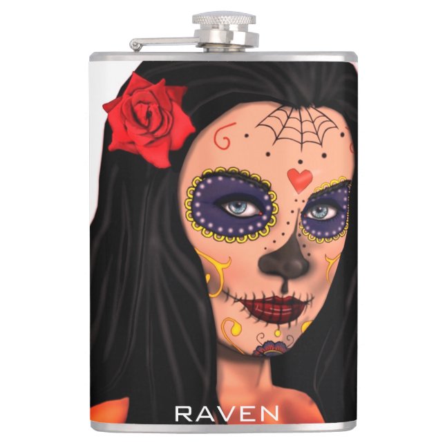 Skull Girl Day of Dead Personalize Name Flask (Front)