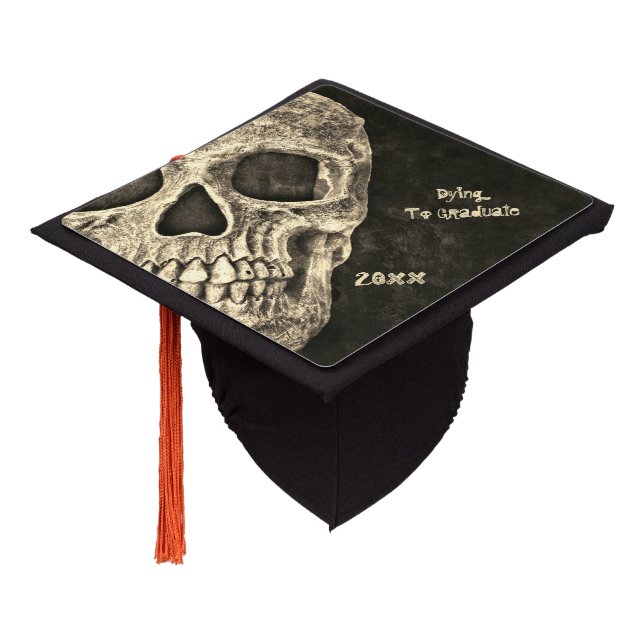 Skull Gothic Cool Old Black Beige Grunge Graduation Cap Topper (Angled)