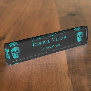 Skull Gothic Dark Teal Black Macabre Tattoo Shop Nameplate