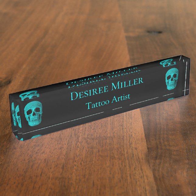 Skull Gothic Dark Teal Black Macabre Tattoo Shop Nameplate (Side)