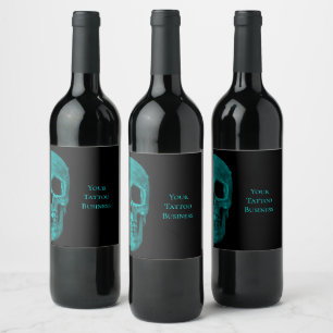 Skull Gothic Dark Teal Black Macabre Tattoo Shop Wine Label