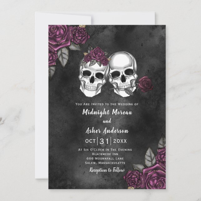 Skull Gothic Floral Roses Wedding  Invitation (Front)