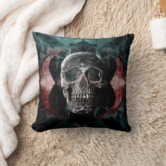 Skull Gothic Floral Teal Black Red Grunge Texture Throw Pillow (Blanket)