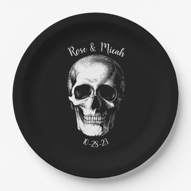 Skull Gothic Halloween Wedding Paper Plates (Front)