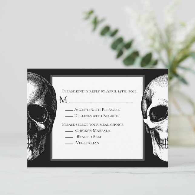 Skull Gothic Halloween Wedding Reply Card (Standing Front)