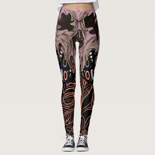 skull Gothic Lovers Floral Romantic Skeleton Leg Leggings (Front)
