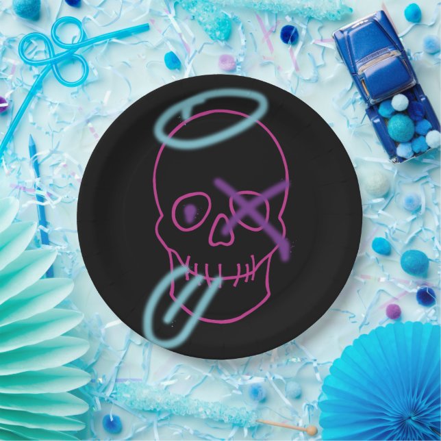 Skull graffiti - Pink, Purple, Blue and Black Paper Plate (Party)