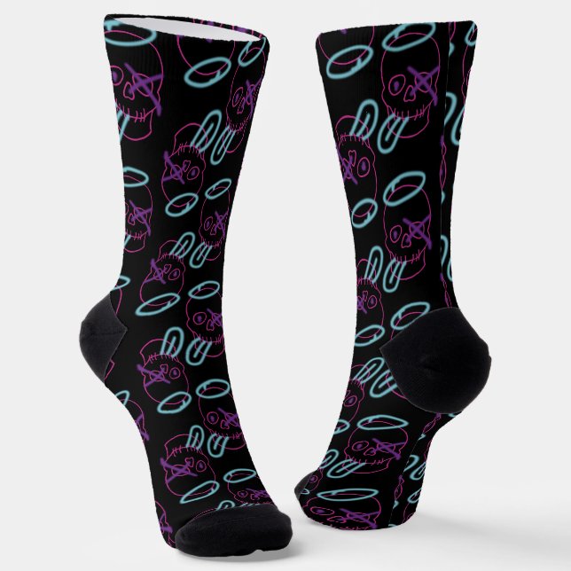 Skull graffiti - Pink, Purple, Blue and Black Socks (Angled)