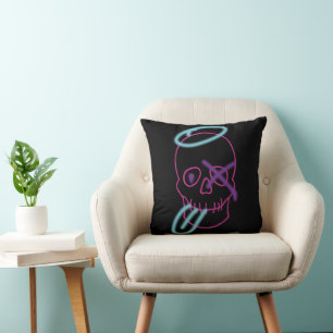 Skull graffiti - Pink, Purple, Blue and Black Throw Pillow