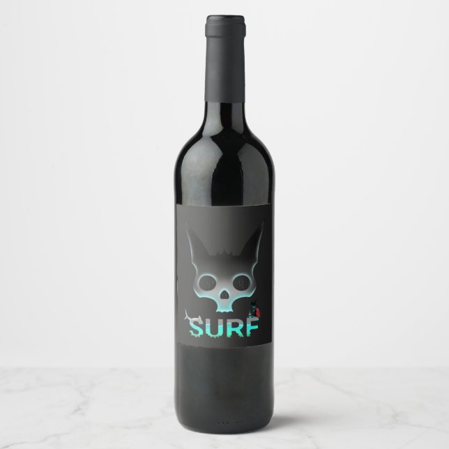 Skull Graffiti Surf Cat Wine Label (Front)