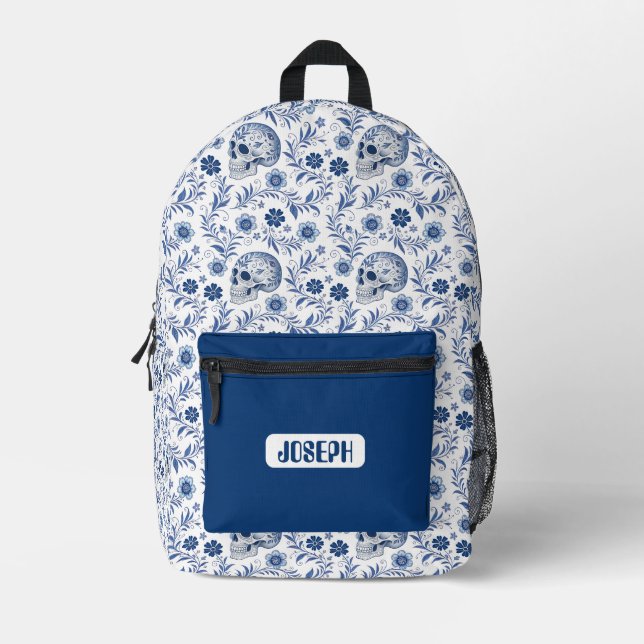Skull Gzhel Pattern Personalized Backpack  (Front)