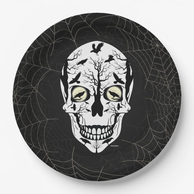 Skull Halloween Paper Plates - Raven Skeleton (Front)