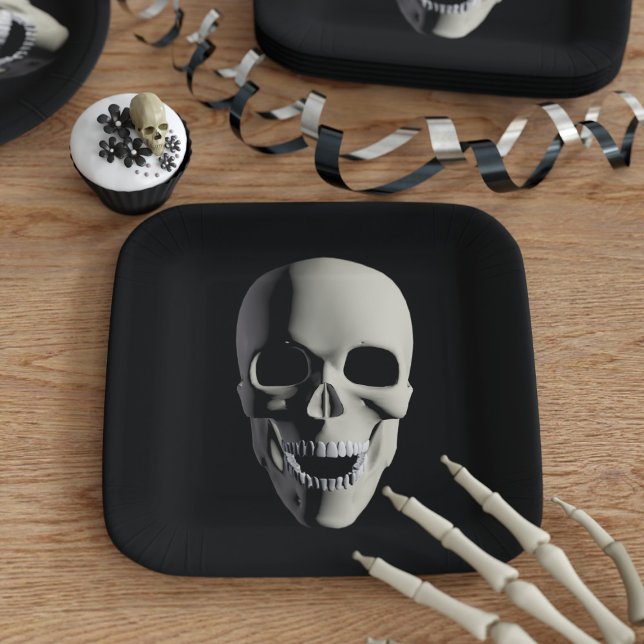 Skull Halloween Party Black Square Paper Plates (Fun square paper plates for Halloween parties! Spook your guests with these)