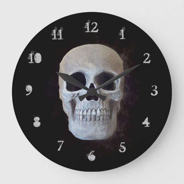 Skull Head Black White Gothic Spooky Cool Large Clock (Front)