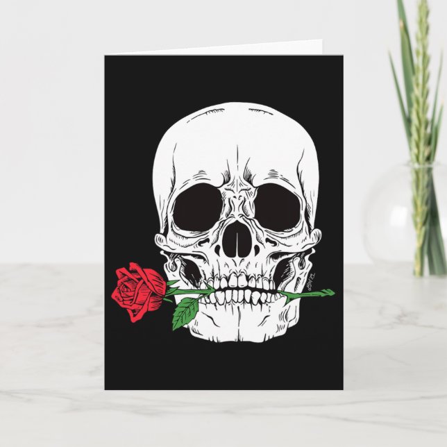 Skull Head Face Red Rose Rock N Roll Cool Skeleton Card (Front)