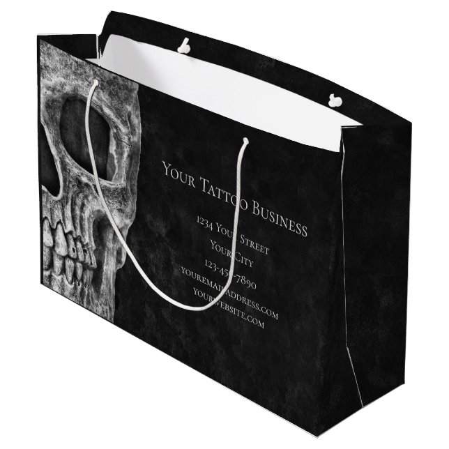 Skull Head Gothic Black And White Tattoo Shop Large Gift Bag (Back Angled)