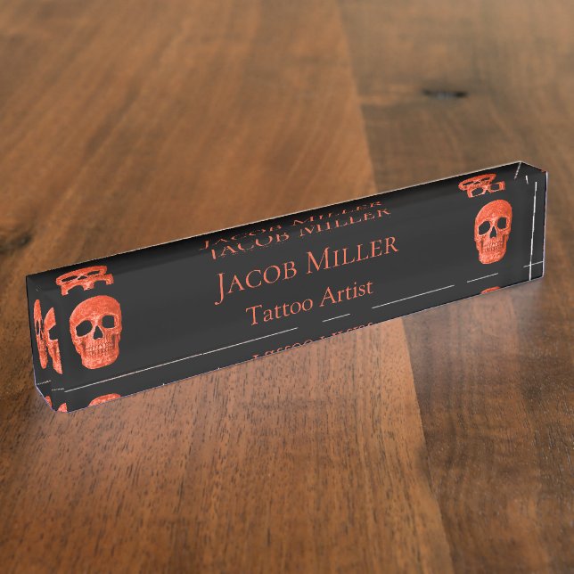 Skull Head Gothic Neon Orange Black Tattoo Shop Nameplate (Side)