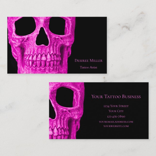 Skull Head Gothic Neon Pink Black Tattoo Shop Business Card (Front/Back)