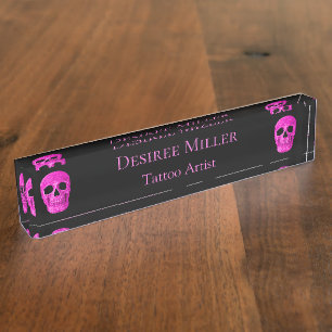 Skull Head Gothic Neon Pink Black Tattoo Shop Nameplate
