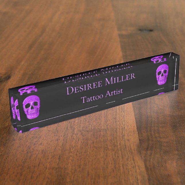 Skull Head Gothic Neon Purple Black Tattoo Shop Nameplate (Side)