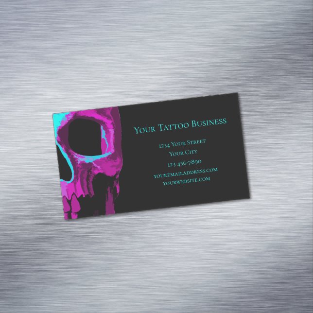Skull Head Gothic Neon Purple Teal Black Design Magnetic Business Card (In Situ)
