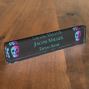 Skull Head Gothic Neon Purple Teal Black Design Nameplate