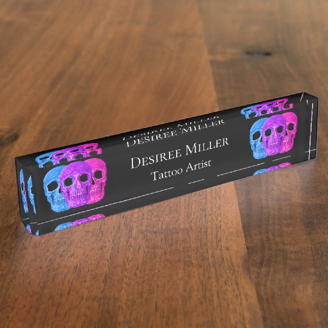 Skull Head Gothic Pink Blue Purple Black Pop Art Nameplate (Side)