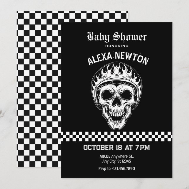 Skull head motorcycle rider baby shower invitation (Front/Back)