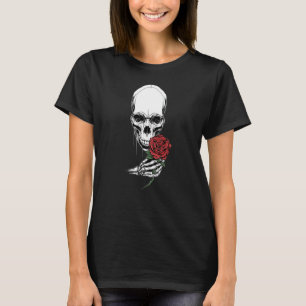 Skull Head Skeleton Hand Holding Red Rose Stem Tat T-Shirt