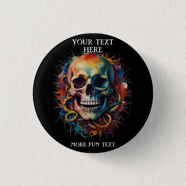 Skull Head with multi-colored Paint Splashes 1 Inch Round Button (Front)