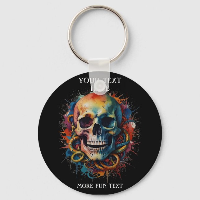 Skull Head with multi-colored Paint Splashes Keychain (Front)