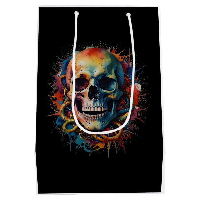 Skull Head with multi-colored Paint Splashes Medium Gift Bag (Back)