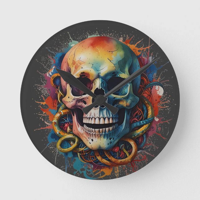 Skull Head with multi-colored Paint Splashes Round Clock (Front)