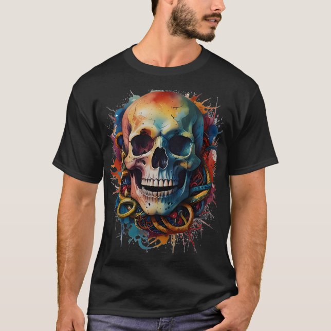 Skull Head with multi-colored Paint Splashes T-Shirt (Front)