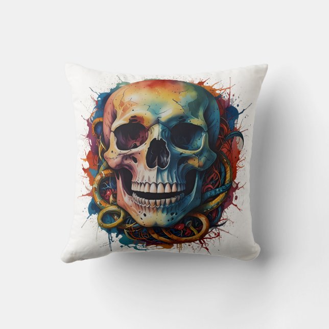 Skull Head with multi-colored Paint Splashes Throw Pillow (Back)