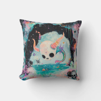 Skull Horned Sea Serpent Magical Witchy AI Art Throw Pillow