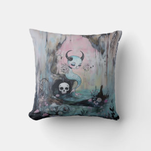 Skull Horned Sea Serpent Magical Witchy AI Art Throw Pillow
