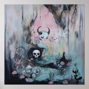 Skull Horned Sea Serpent Witchy AI Art Matte Value Poster