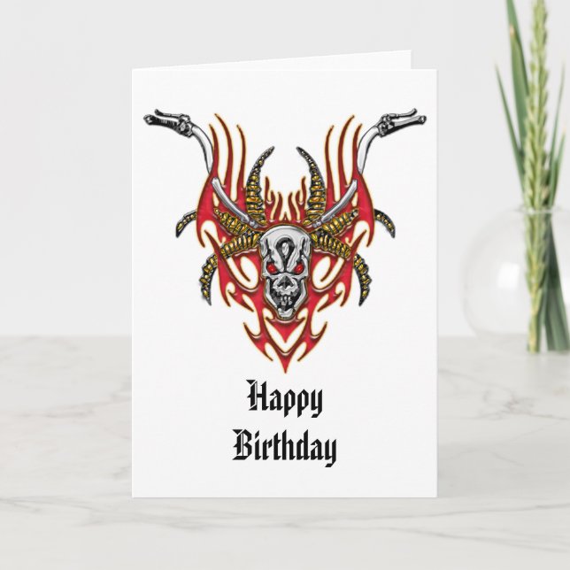 Skull Horns Flames and Handlebars Card (Front)