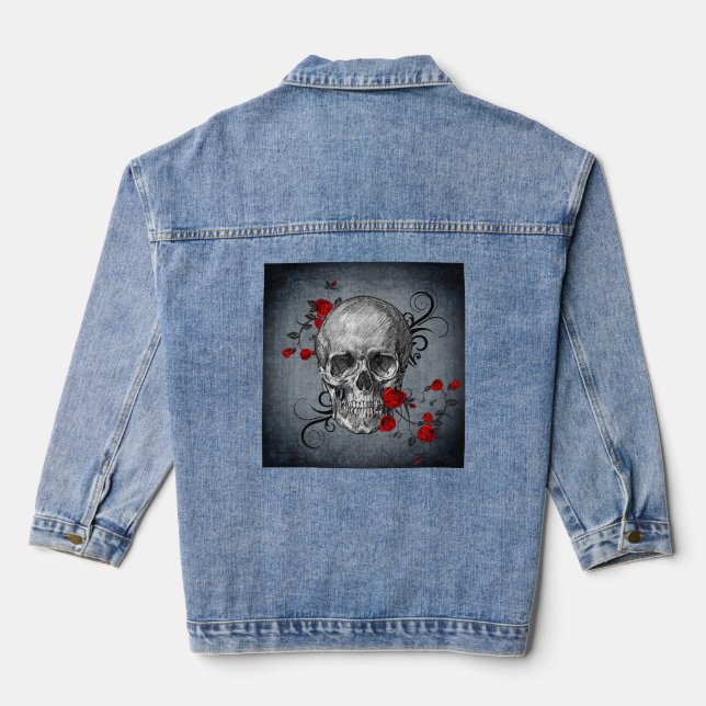 Skull Illustration With Red Rose Vines Intertwined Denim Jacket (Back)