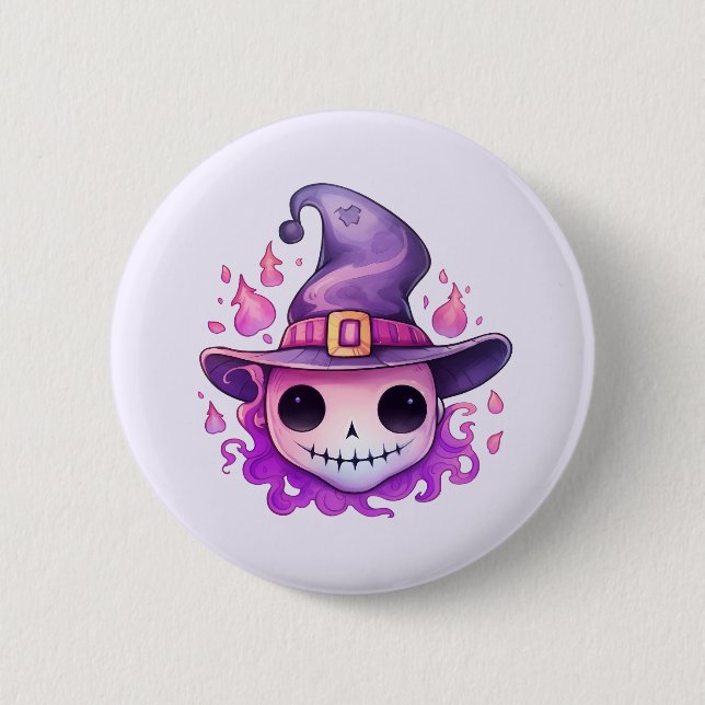 Skull in a Witch's Hat Whimsical 2 Inch Round Button (Front)