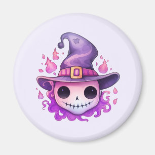 Skull in a Witch's Hat Whimsical Halloween Magnet