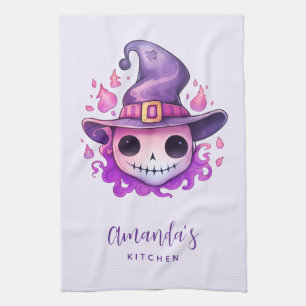 Skull in a Witch's Hat Whimsical Kitchen Towel