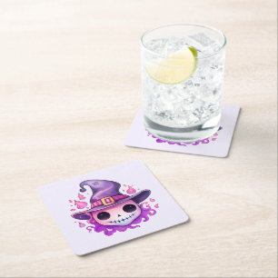 Skull in a Witch's Hat Whimsical Square Paper Coaster