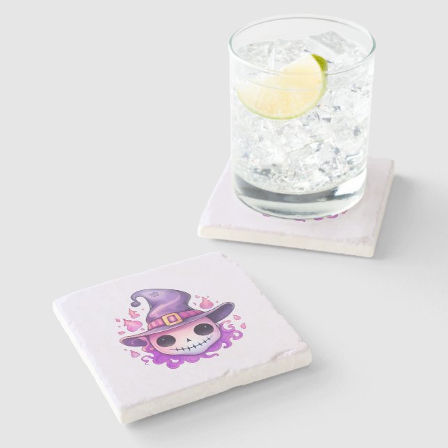 Skull in a Witch's Hat Whimsical Stone Coaster (Side)